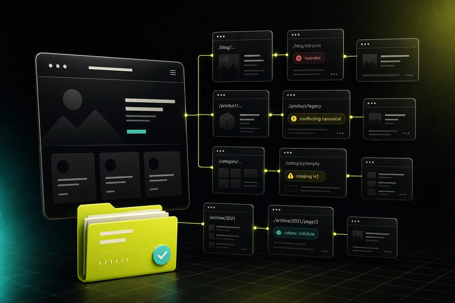 A dark SiteRune crawl map: a polished homepage branches into interior pages flagged for noindex, conflicting canonicals, and missing headings, with a lime ship-file folder in front.