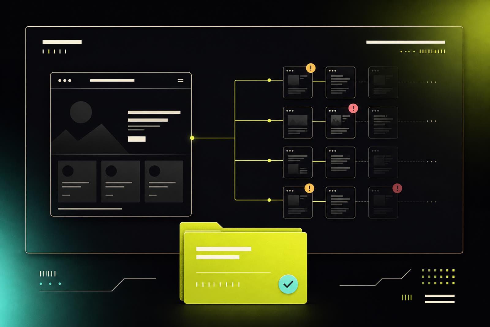 A dark SiteRune-style crawl map: the homepage branches into interior pages with findings, and a lime ship-file folder in front.