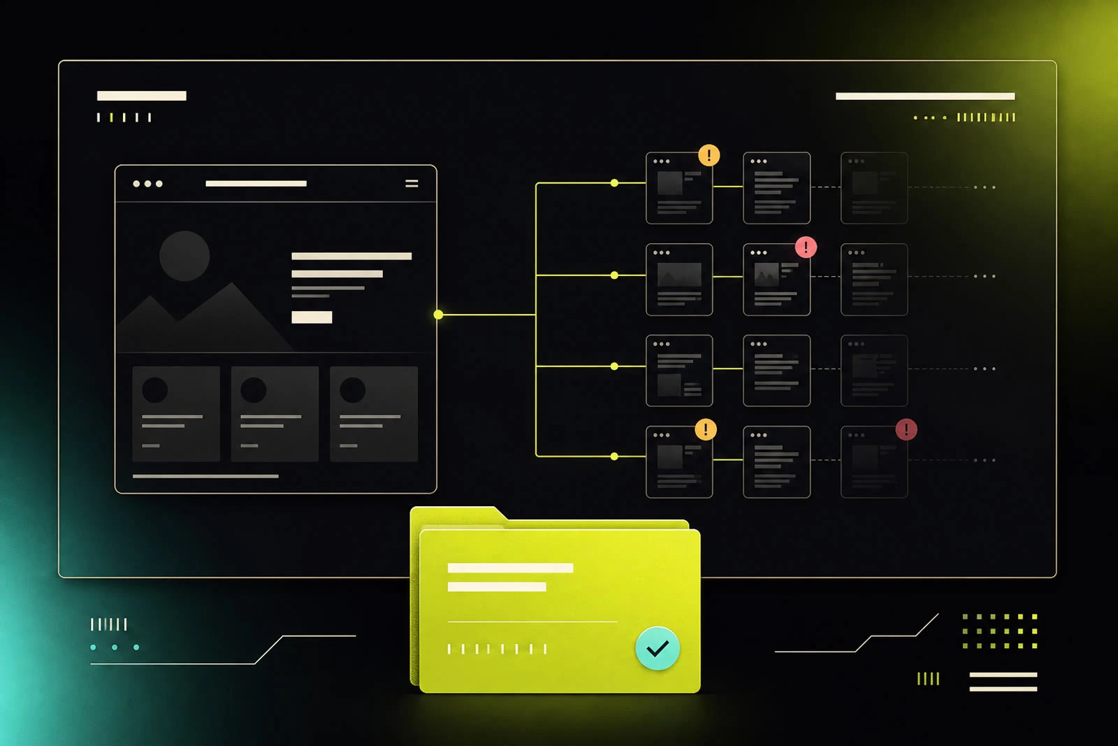 A dark SiteRune-style crawl map: the homepage branches into interior pages with findings, and a lime ship-file folder in front.