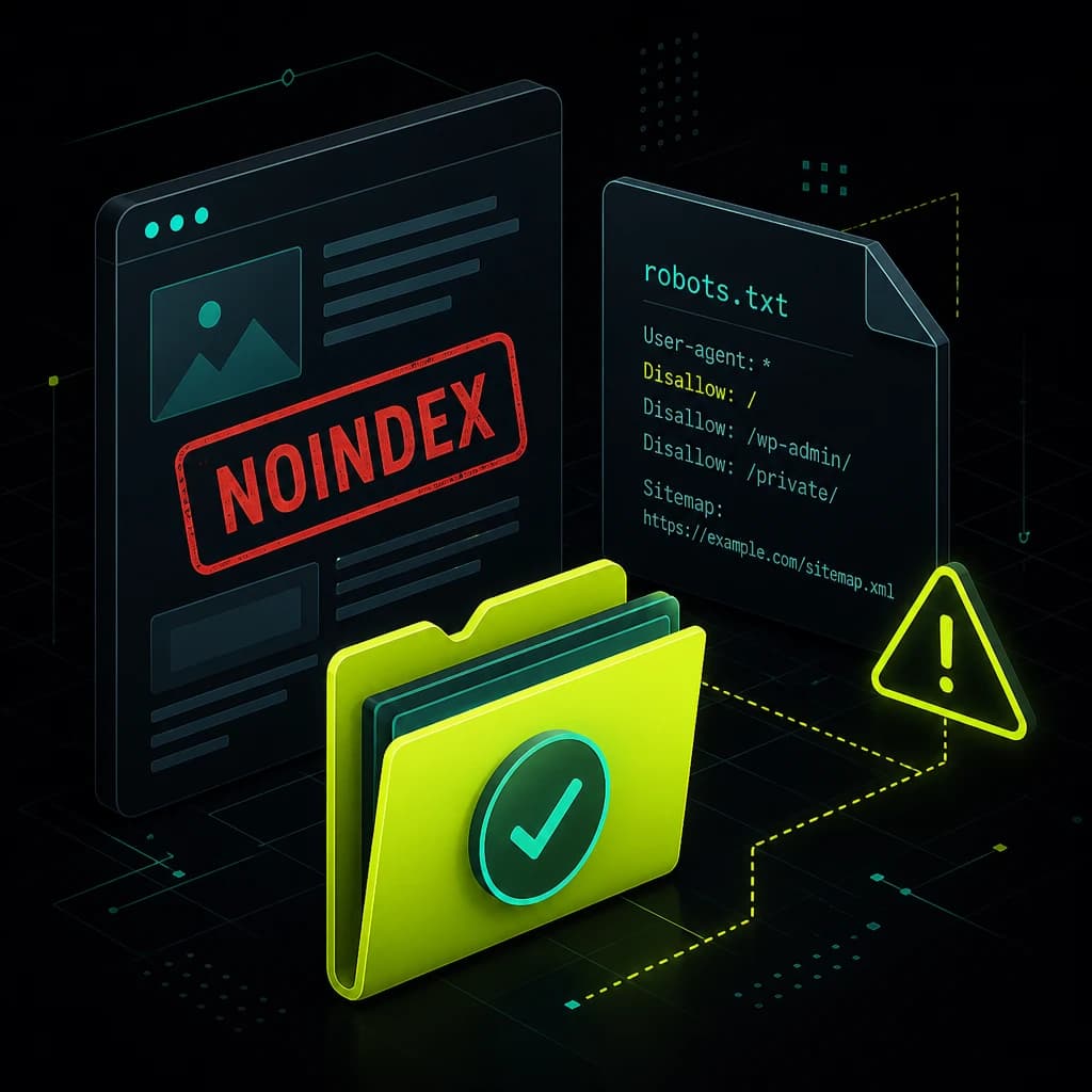 A production page marked noindex beside a robots file, with a lime ship-file folder.