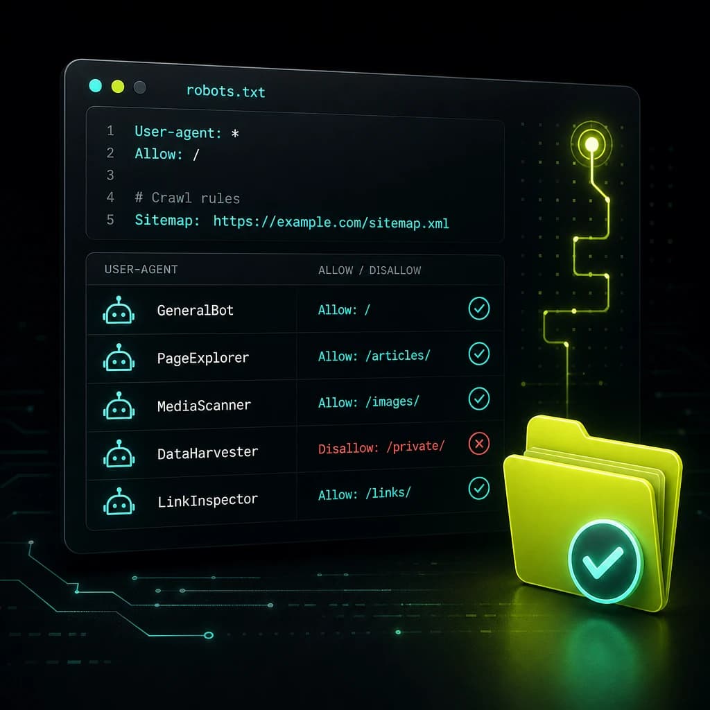 A dark robots.txt panel with allow and block rows for named crawlers, and a lime ship-file folder.