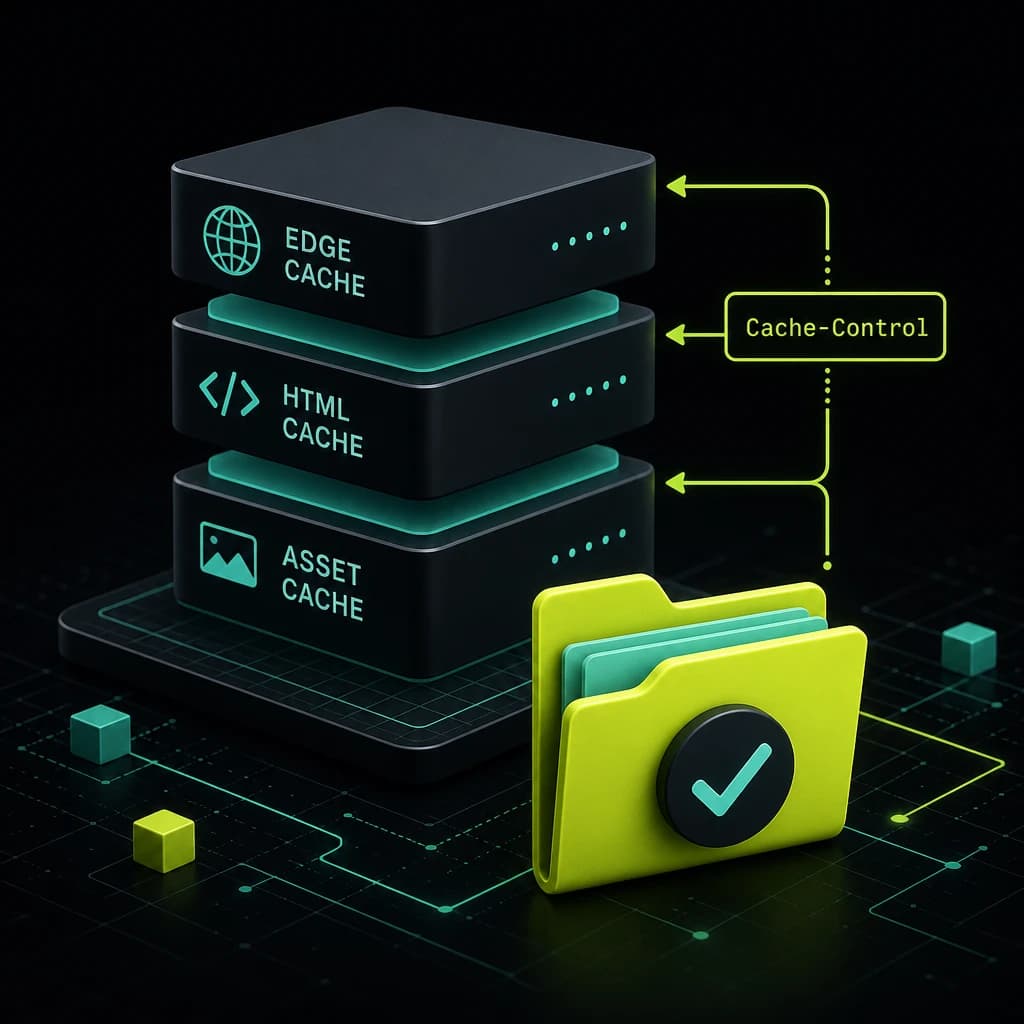 Cache layers for HTML and assets on a dark dashboard, with a lime ship-file folder.