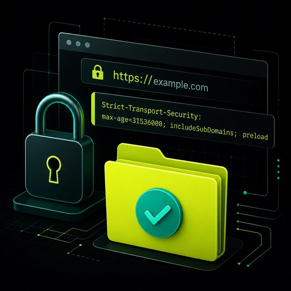 A lock and HSTS header bar on a dark SiteRune panel, with a lime ship-file folder.