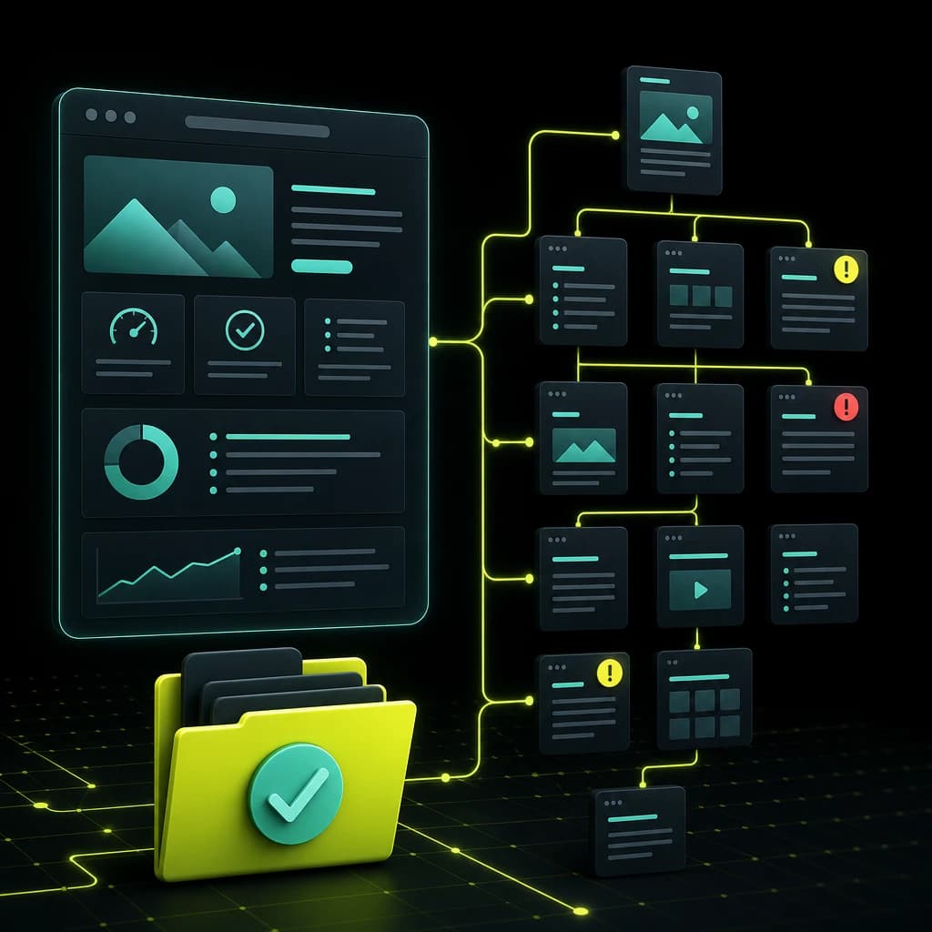 A homepage card branching into interior pages with findings, and a lime ship-file folder.