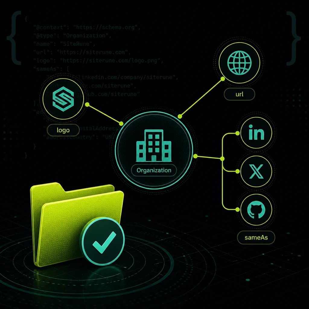 An organization entity node linked to URL and sameAs signals, with a lime ship-file folder.