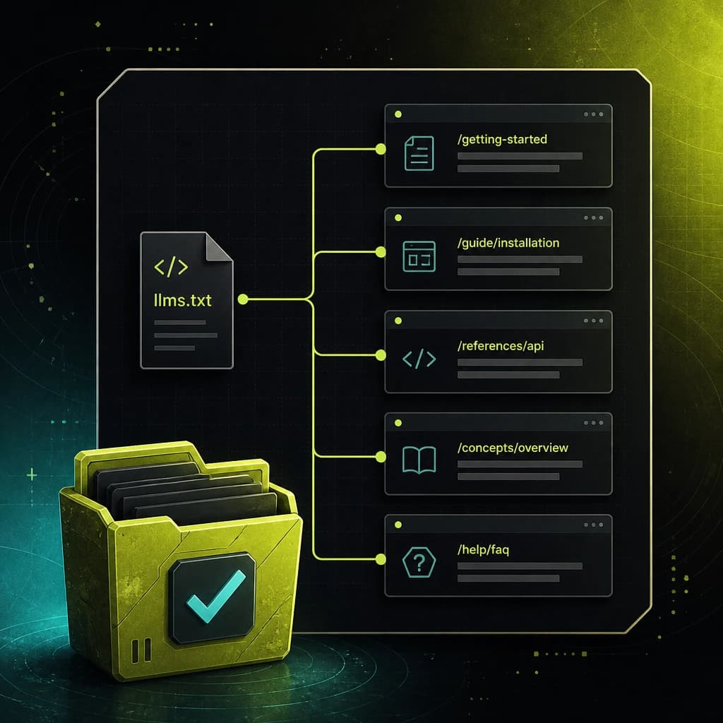 A dark SiteRune panel mapping an llms.txt file to interior URLs, with a lime ship-file folder.