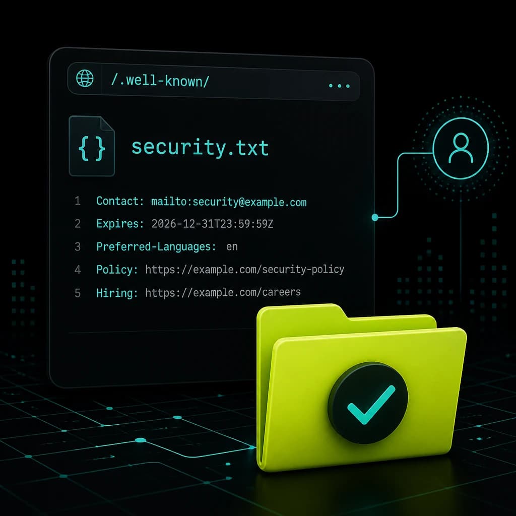 A security.txt card at .well-known linked to a contact node, with a lime ship-file folder.